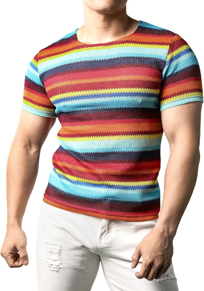 JOGAL Mens Rainbow Striped Short Sleeve Shirts Multicolored Casual T-Shirt