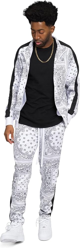 G-Style USA Men's Accented Bandana Paisley Tracksuit Set - Zipper Jacket and Sweatpants ST804 - White - Medium