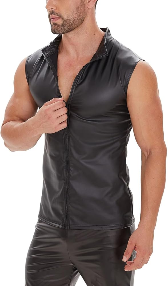 Men Soft Leather Tank Top, Shiny Matte Leather, Elastic, Full Zipper Leather Vest