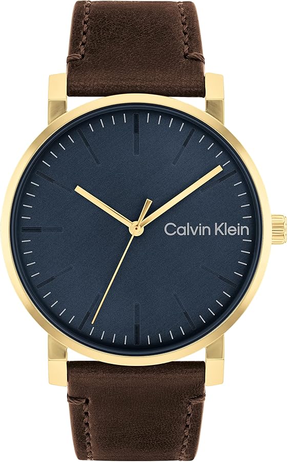 Calvin Klein Slate Men's Ionic Plated Thin Gold Steel Case Quartz Watch with Brown Leather Strap (Model: 25200261)