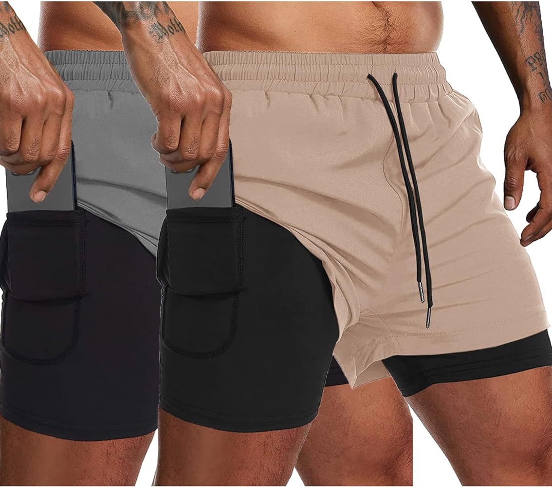 COOFANDY Men's 2 Pack Running Shorts 2 in 1 Workout Shorts Quick Dry Gym Training Athletic Jogger with Phone Pockets