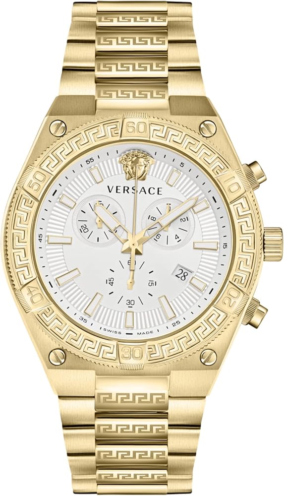 Versace Collection Luxury Mens Watch Timepiece with a Gold Bracelet Featuring a Gold Case and White Dial