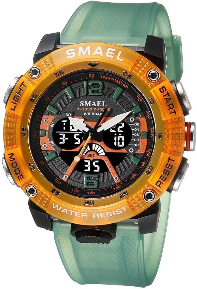 SMAEL Sport Watches Men Waterproof Male Clock Digital LED Display Quartz Analog Stopwatch Fashion Green Orange Male Clock 8058 (Transparent Green)