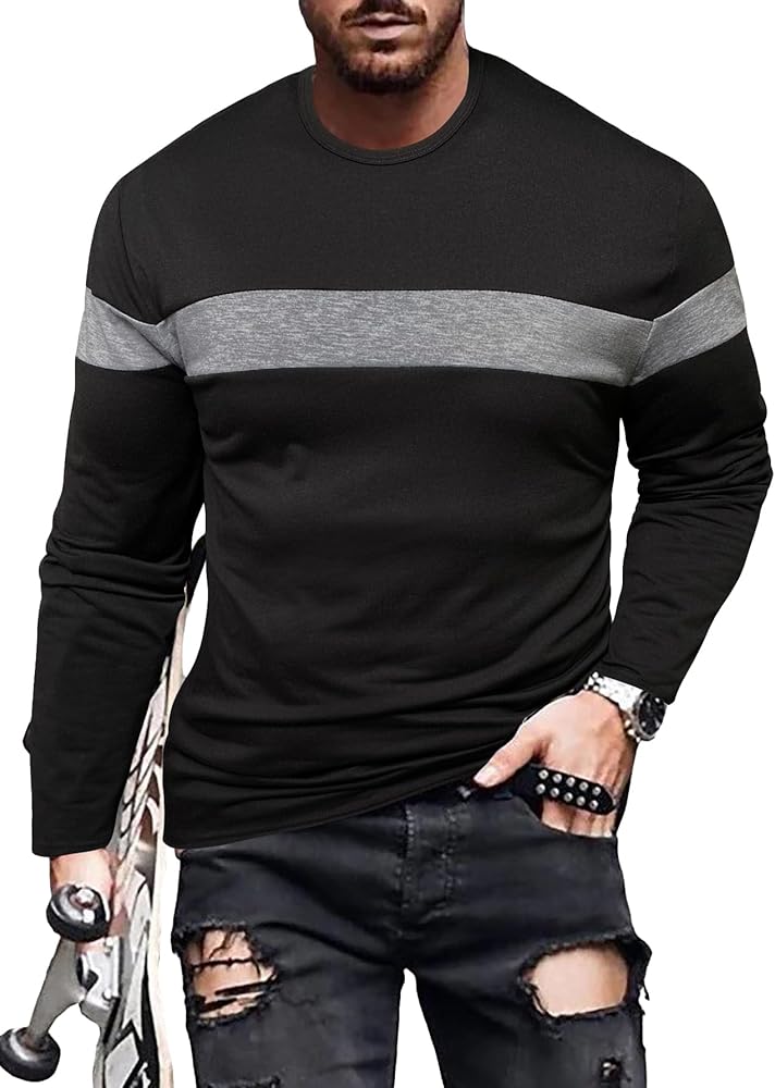 SOLY HUX Men's T Shirts Color Block Round Neck Long Sleeve Casual Tee Tops