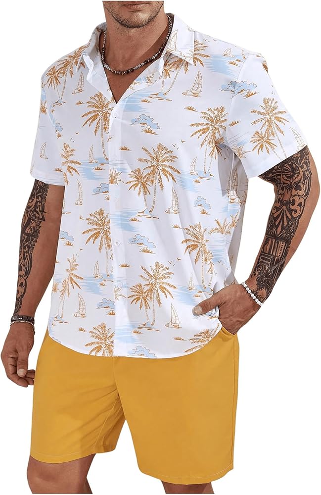 GORGLITTER Men's Plus Size 2 Piece Vacation Beach Outfits Graphic Matching Shirt and Shorts Set Summer Clothes Tracksuits