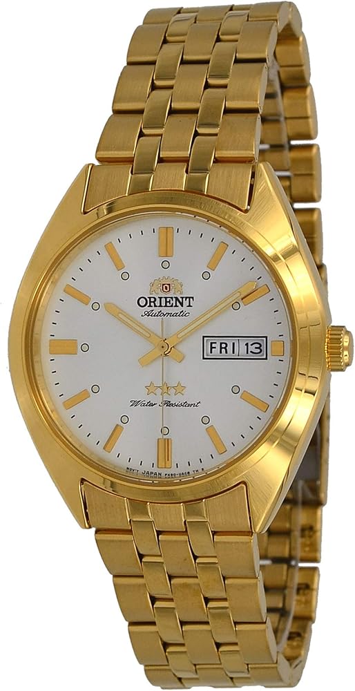 ORIENT RA-AB0E05S Men's 3 Star Gold Tone Stainless Steel Silver Dial Day Date Automatic Watch