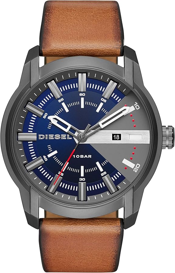 Diesel Armbar Stainless Steel and Leather Three-Hand Analog Men's Watch, Color: Gunmetal, Brown (Model: DZ1784)