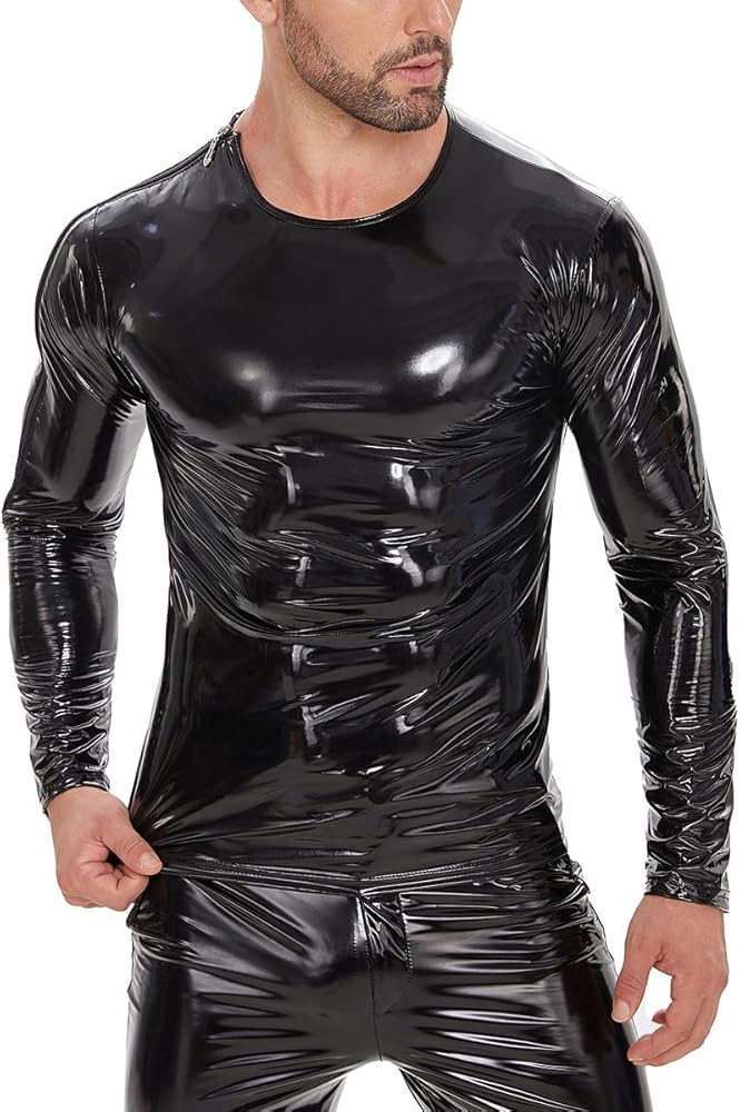 Men Sexy Leather T-Shirt, Plus Size S-7XL, Glossy PVC Leather, Full Zipper, Shiny Latex Long Sleeve Coat for Male