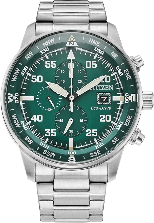 Citizen Men's Eco-Drive Sport Casual Brycen Weekender Chronograph Stainless Steel with Green Dial Watch, 12/24 Hour Time, Date, Luminous Markers, 44mm