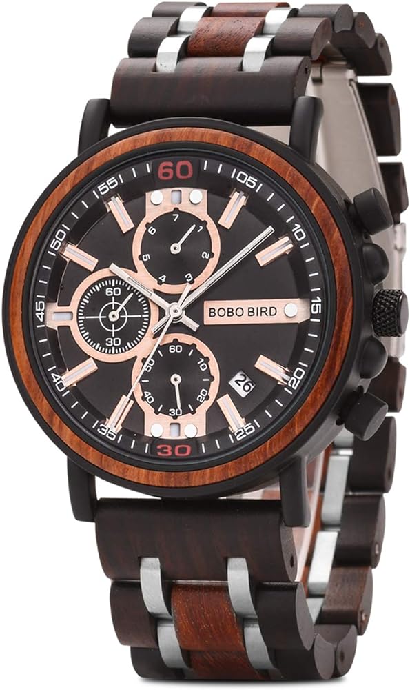 BOBO BIRD S18-1 Mens Wood Watch Stylish Wooden Stainless Steel Combined Chronograph with Luminous Pointers Fashion Timepiece for Men