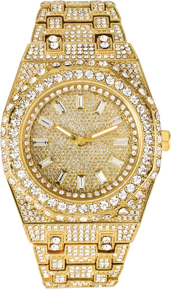 ICE STAR Men's Iced Out 43mm Octagon Shape Watch, Quartz Movement - Gold Baguette Dial