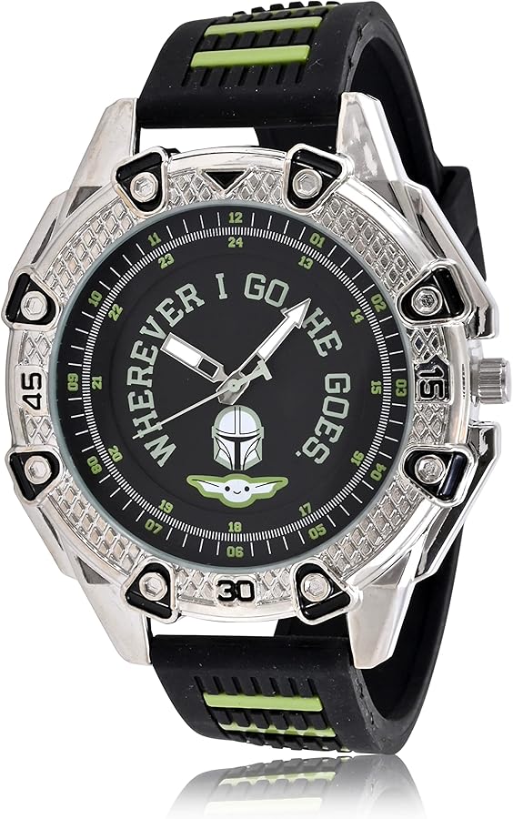 Accutime Lucas Star Wars Baby Yoda Adult Men's Analog Watch - Silicone Strap, Large Glass Dial, Mattle Case, Male, Analog Wrist Watch in Black (Model: MNL9008AZ)