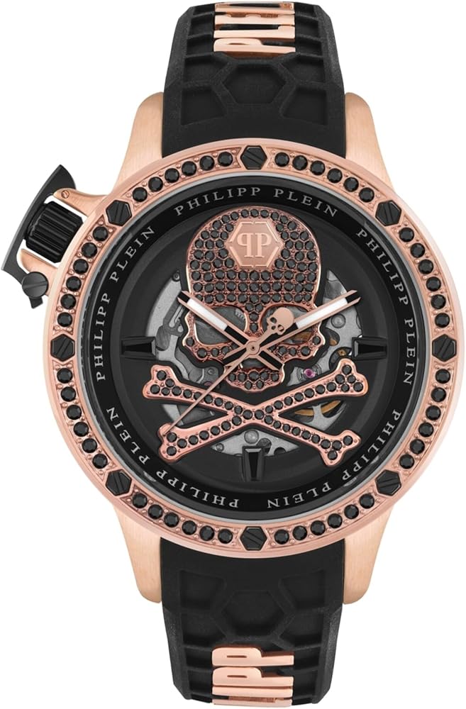 Philipp Plein Collection Luxury Mens Watch Timepiece with a Black Strap Featuring a Rose Gold Case and Black Dial