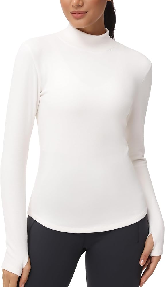 THE GYM PEOPLE Fleece Mock Turtleneck Pullover Base Layer Shirts Long Sleeve Workout Tops with Thumb Hole