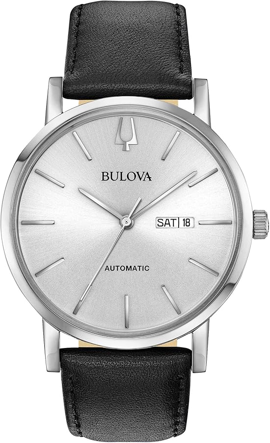 Bulova Men's Classic American Clipper 3-Hand Automatic Leather Strap Watch, Day Date Calendar, 40 Hour Power Reserve, Exhibition Case Back, 42mm