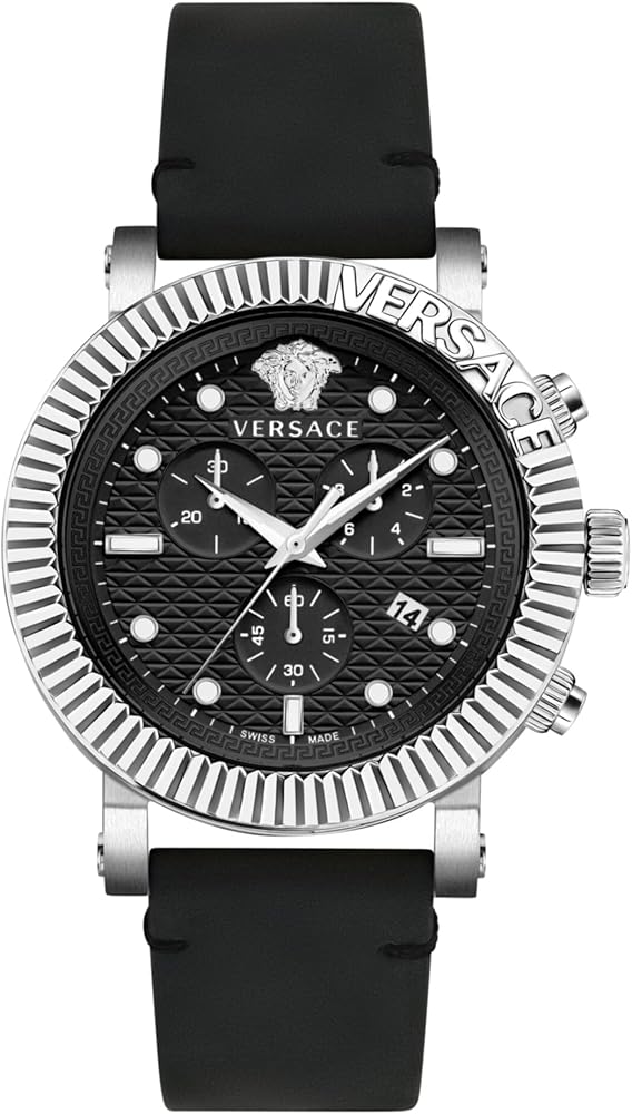 Versace V-Chrono Classic Collection Luxury Mens Watch Timepiece with a Black Strap Featuring a Silver Case and Black Dial