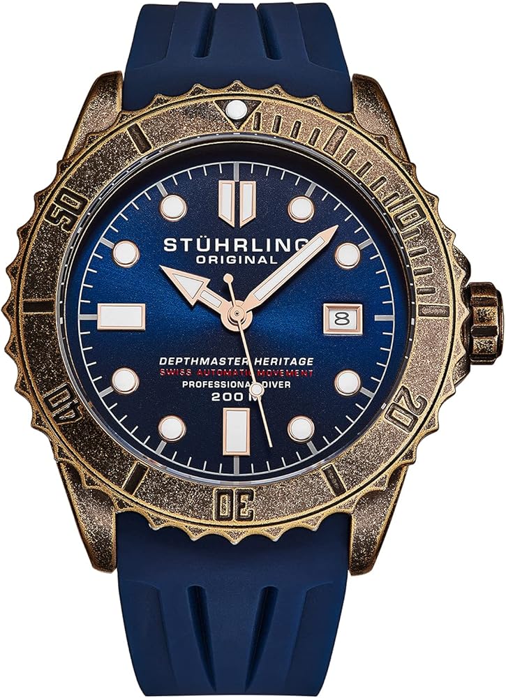 Stuhrling Original Mens Swiss Automatic Depthmaster Heritage Dive Watch with Rubber Strap