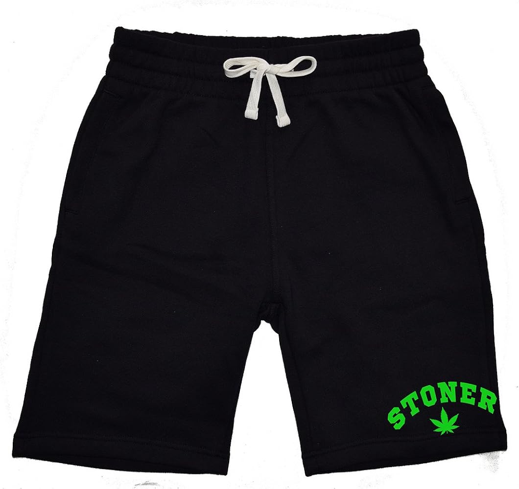 Men's Stoner Weed Leaf V573 Black Fleece Jogger Sweatpant Gym Shorts