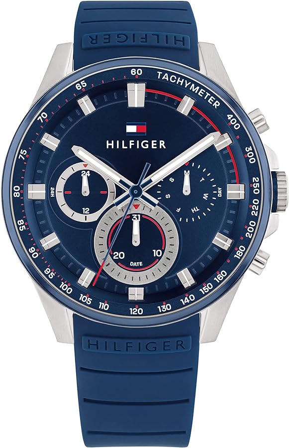 Tommy Hilfiger Men's Multifunction Blue Ionic Plated Stainless Steel and Silicone Strap Watch, Color: Blue (Model: 1791970)