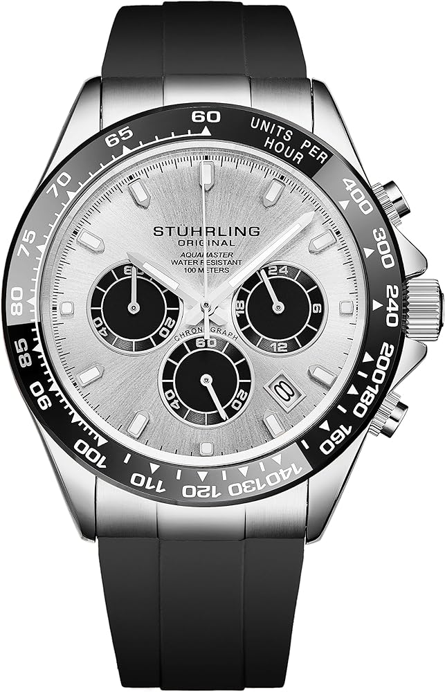 Stuhrling Aquamaster Quartz Chronograph Watch Silver Dial Screw Down Crown Luminous Hands, Ceramic Bezel, Black Rubber Band for Men 42mm Case Date Water Resistance (Silver)