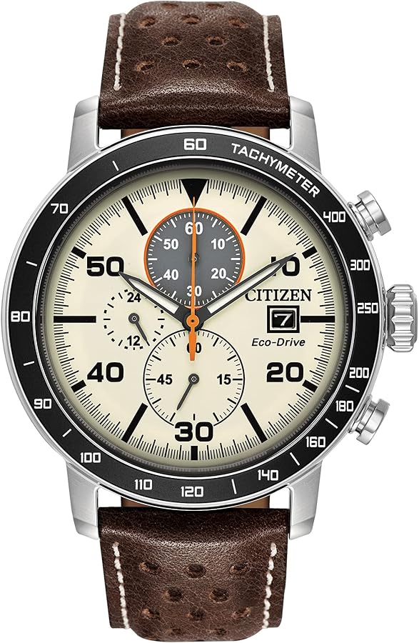 Citizen Men's Eco-Drive Weekender Brycen Chronograph Watch in Stainless Steel, Brown Leather strap, Ivory Dial (Model: CA0649-06X)