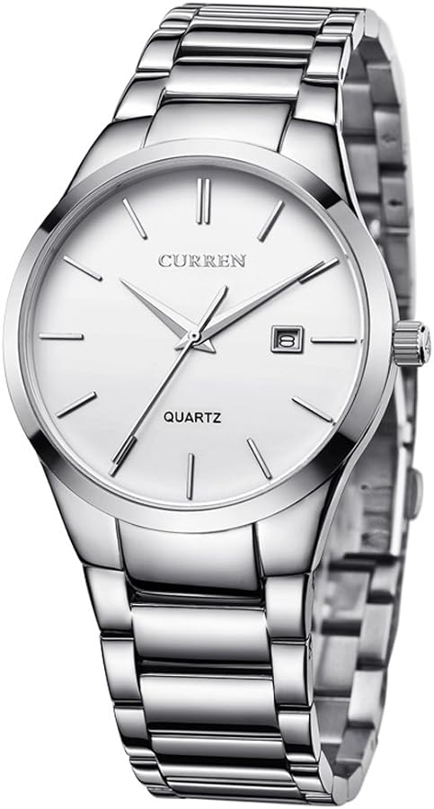 CURREN Men's Watches Classic Black/Silver Steel Band Quartz Analog Wrist Watch with Date for Man (Silver white)