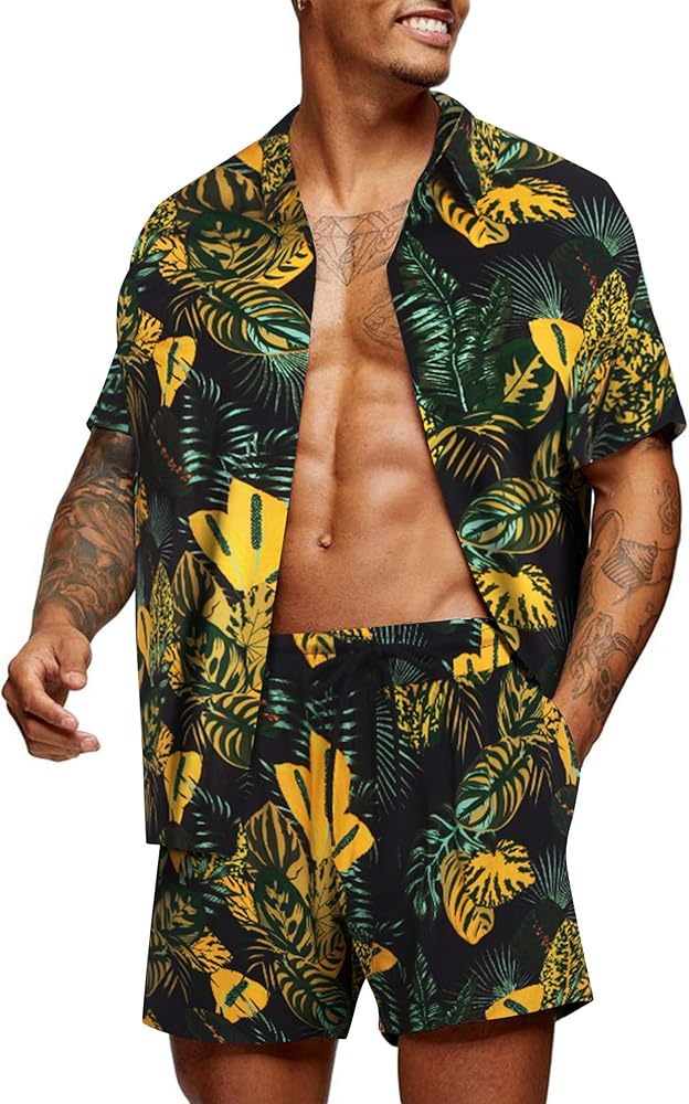 COOFANDY Men's 2 Piece Flower Short Sets Hawaiin Beach Button up Tropical Shirt and Shirts