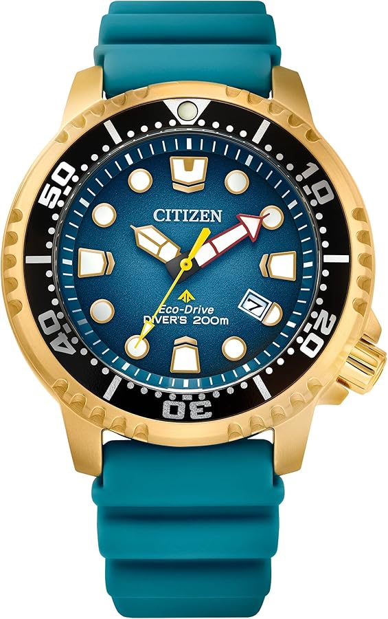 Citizen Promaster Dive Eco-Drive Watch, 3-Hand Date, ISO Certified, Luminous Hands and Markers, Rotating Bezel, Teal/Gold Tone