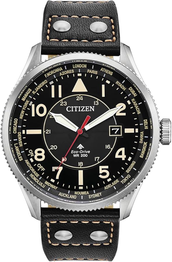 Citizen Eco-Drive Avion World Time Mens Watch, Stainless Steel with Leather strap, Weekender, Black (Model: BX1010-02E)