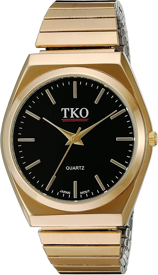 TKO Black Gold Watch Expansion Band Stainless Steel Stretch Thin Case Gold Face Dress Flex Vintage Watch TK649BK