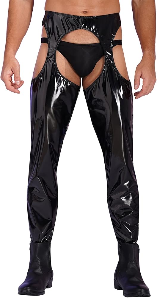 Men's PVC Leather Wet Look Thigh-High Tights Suspender Solid Latex Leggings Long Pants