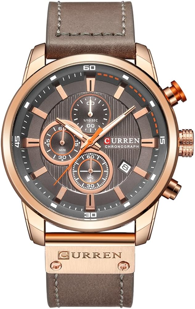 Men Leather Strap Military Watches Men's Chronograph Waterproof Sport Wrist Date Quartz Wristwatch Gifts (Gold Gray)