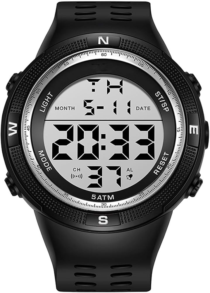 Men's Outdoor Sports Watch Large Dial Easy-to-Read Digital Watch Multi-Functions LED Alarm Stopwatch Waterproof Wrist Watch for Men (A Silver)