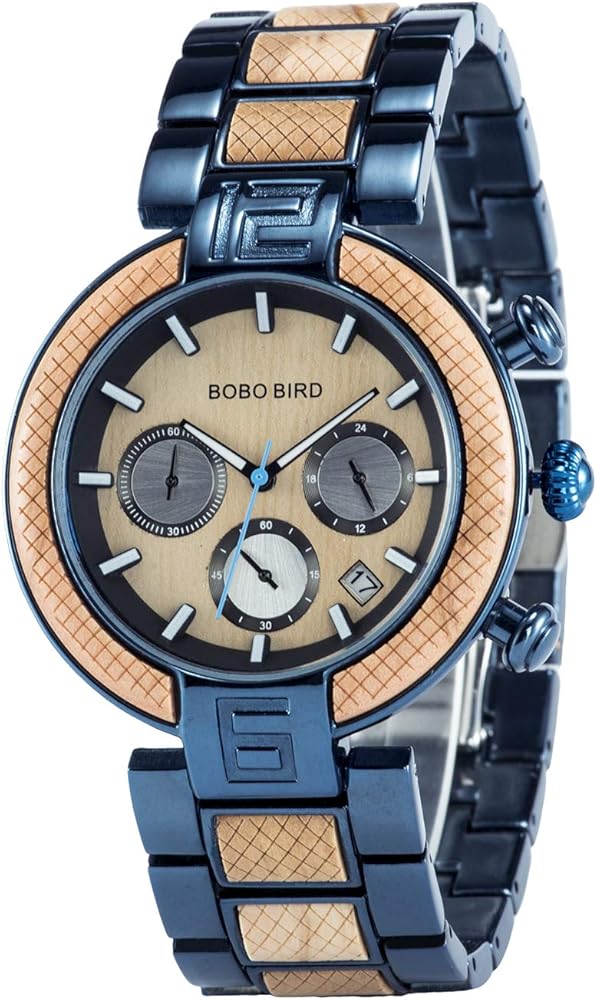 BOBO BIRD Men's Wood Watches 42mm Fashion Multifunction Chronograph Analog Quartz Watch Stainless Steel Metal Handmade Wrist Watches for Men