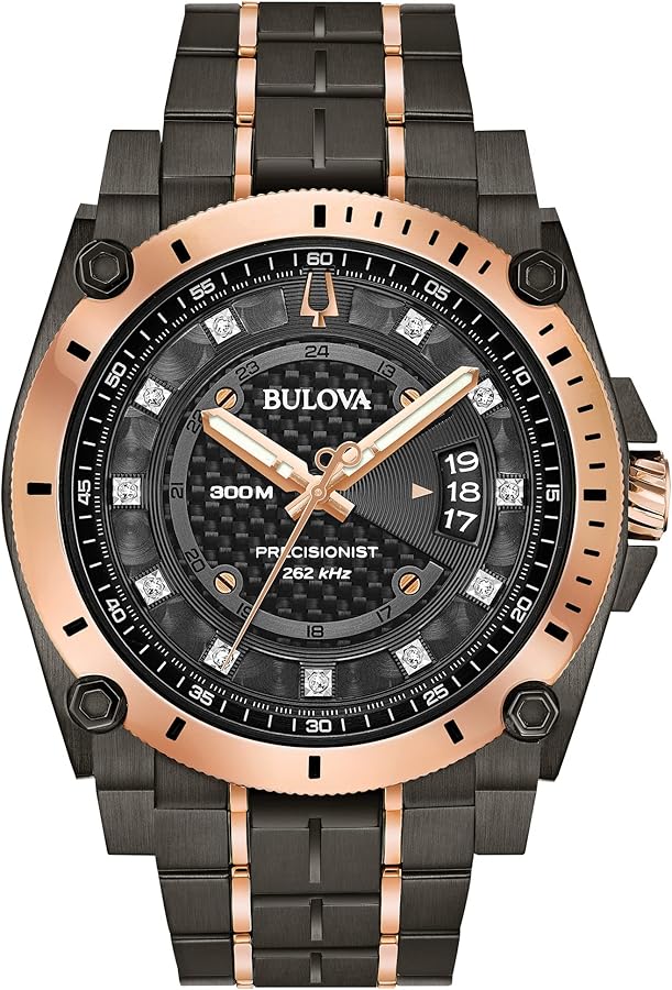 Bulova Men’s High Precisionist Quartz Icon Grey IP and Rose Gold Watch, Diamonds, 300M Water Resistant