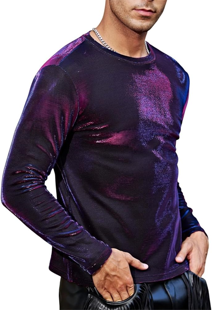 WDIRARA Men's Metallic Holographic Glitter Shiny Tee Long Sleeve Round Neck 70s Disco Party T Shirt Tops