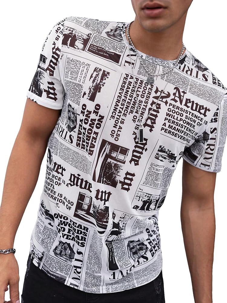 WDIRARA Men's Newspaper Print Round Neck Short Sleeve Tee Letter Print T Shirt Tops