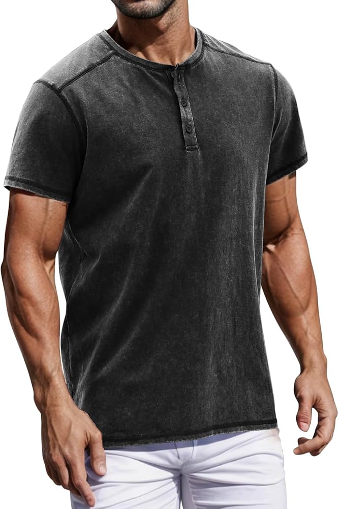 Mens Distressed Henley Shirts Casual Washed T-Shirts Retro Short Sleeve Tee Cotton Shirts