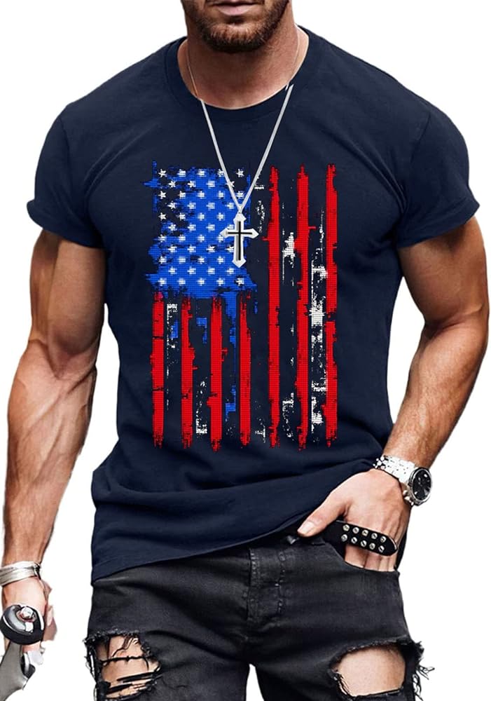 Mens American Flag T-Shirt 3D Printed Graphic Tees Loose Cotton Short Sleeve Casual Round Neck Shirt for Men