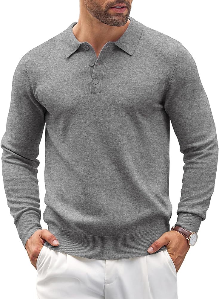 COOFANDY Mens Knit Polo Shirts Casual Long Sleeve Classic Polo Shirts Button Down Golf Shirts