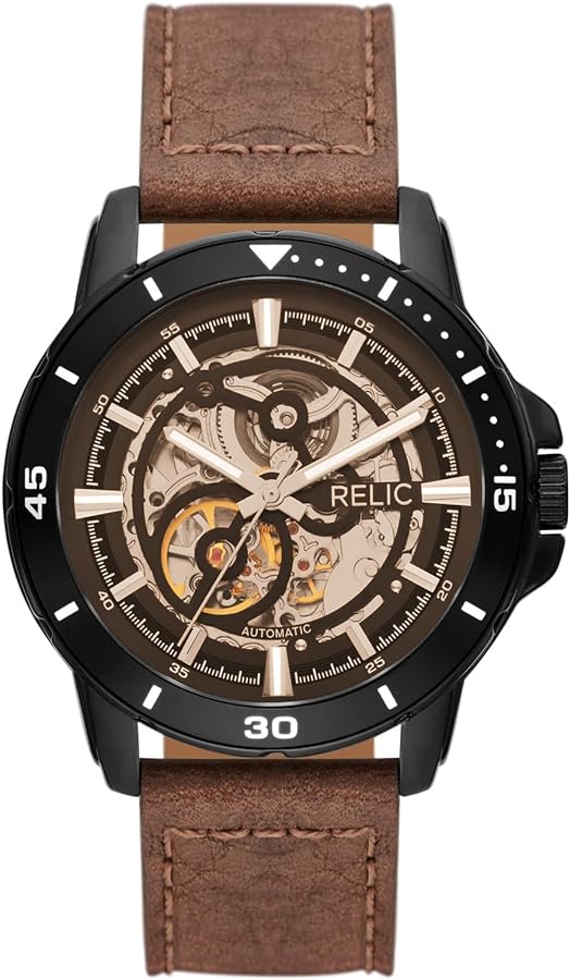 Relic by Fossil Men's Brenton Black Alloy Metal and Brown Leather Band Automatic Watch (Model: ZR12663)