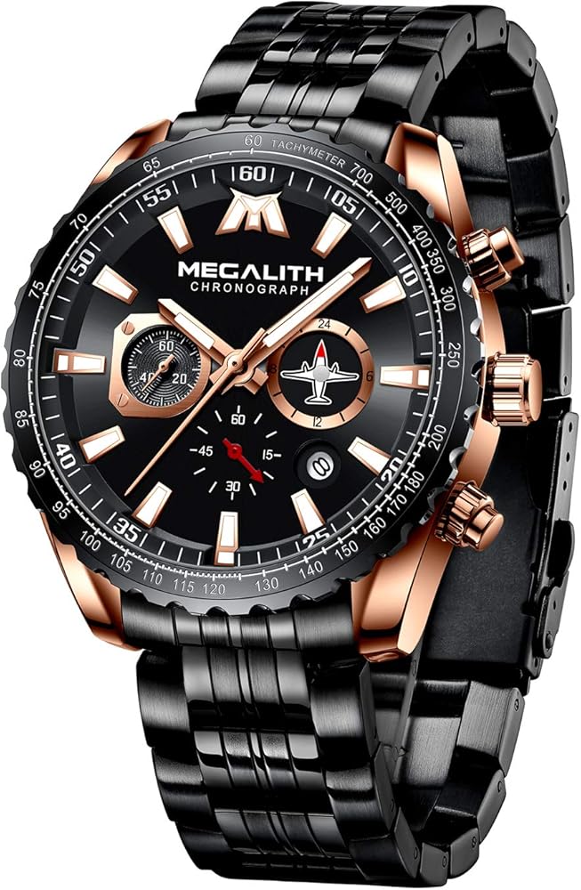 MEGALITH Mens Wrist Watches Pilot: Analog Quartz Chronograph - Military Watch for Men Waterproof - 46mm Big face | Auto Date | Luminous | Stainless Steel