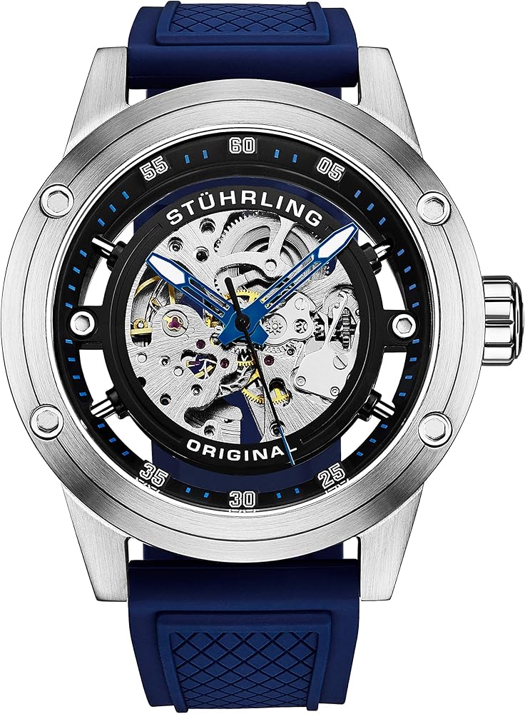 Stuhrling Original Mens Automatic Watch Skeleton Stainless Steel Self Winding Dress Watch with Rubber Strap 50MM