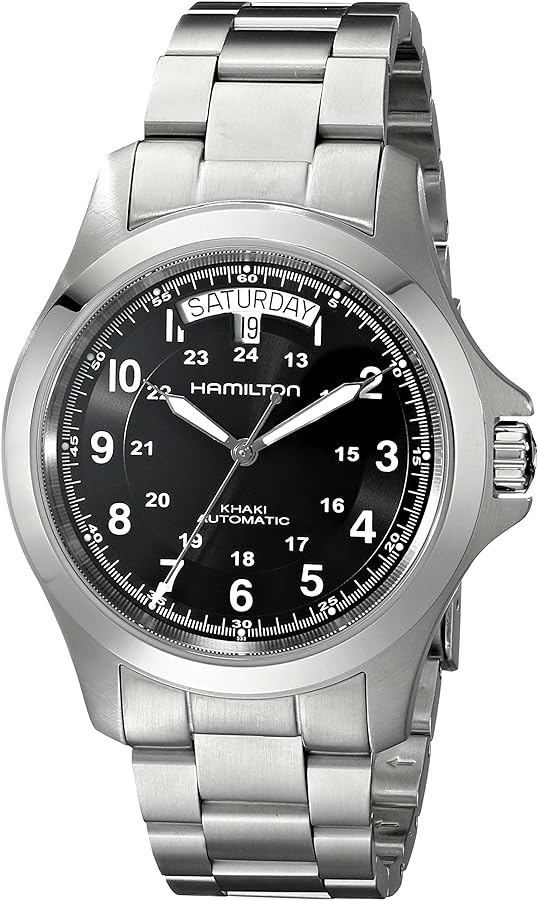 Hamilton Watch Khaki Field King Auto | Swiss Made | 40mm Stainless Steel Case | Black Dial Analog Watch | Silver Stainless Steel Bracelet (Model: H64455133)