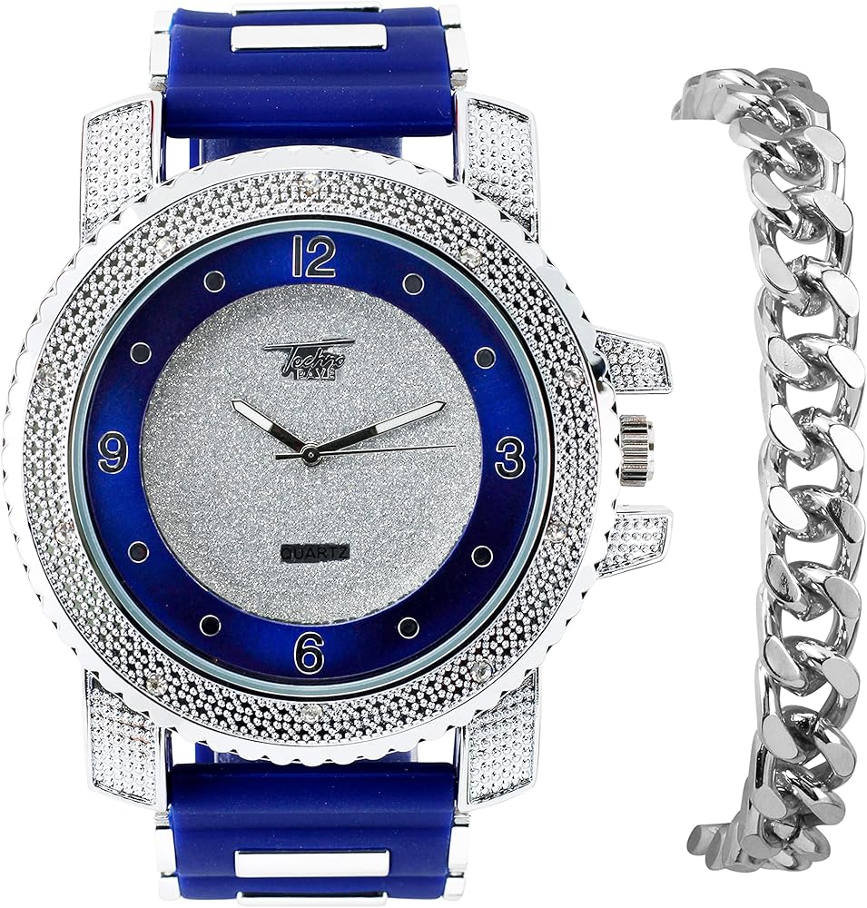 Techno Pave Men's Oversized Iced Diamond Watch and Cuban Bracelet Set