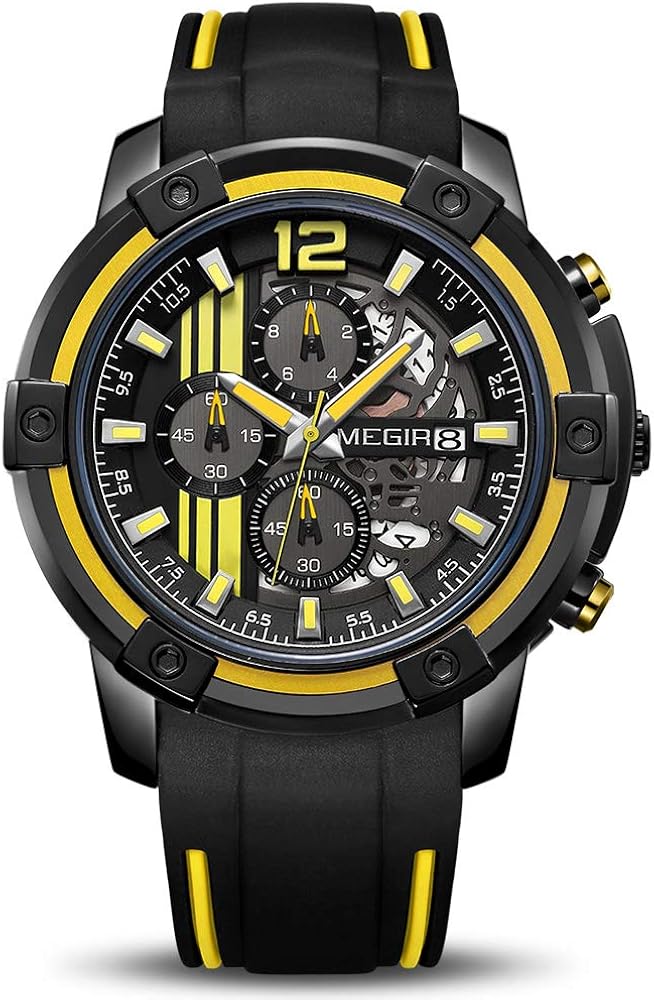 MEGIR Men’s Analogue Sport Quartz Wrist Watches with Soft Yellow/Black Silicone Strap Chronograph Luminous Auto Calendar Waterproof Function (2097 Yellow)