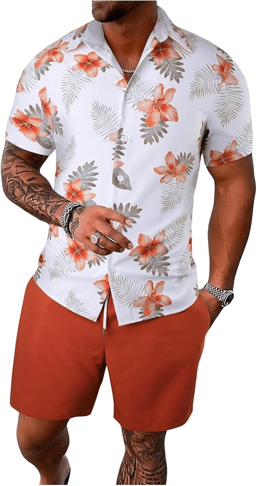 GORGLITTER Men's Hawaiian Matching Set Summer Beach 2 Piece Outfits Flower Button Down Shirts and Shorts Set