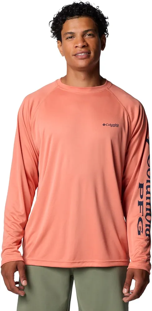 Columbia Men's Terminal Tackle Long Sleeve Shirt, Faded Peach/Collegiate Navy Logo, Large