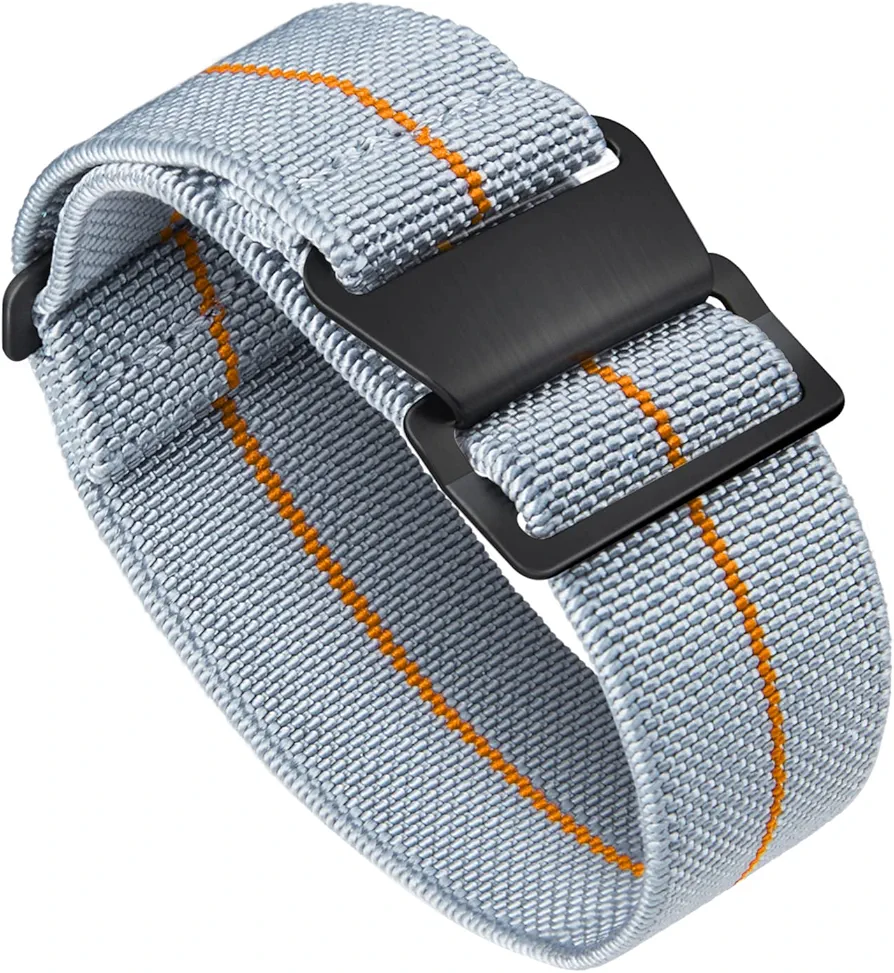 BINLUN Watch Band Nylon Waterproof Military Fbric Elastic Replacement Watch Strap Hook-and-Loop Men Women Black Buckle (Grey-orange,22mm)