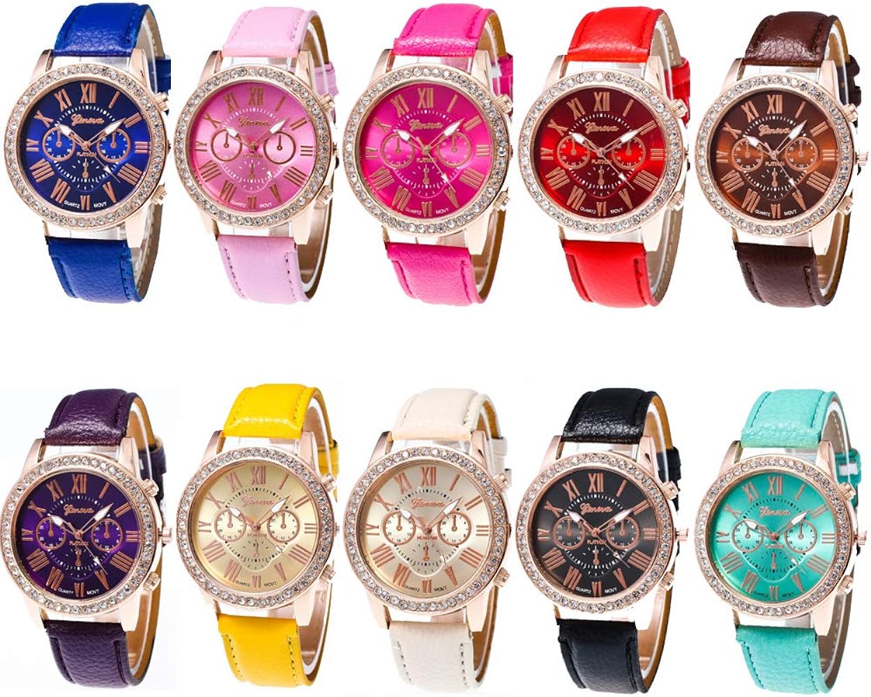 CdyBox Wholesale Watch 10 Pack Rhinestone PU Leather Wristband Roman Numerals Analog Quartz for Women Men